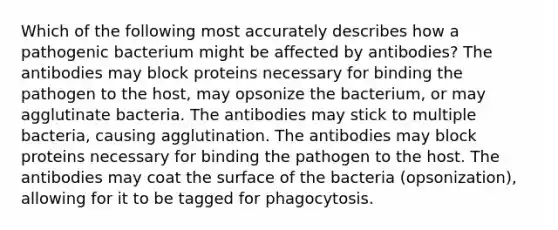 Which of the following most accurately describes how a pathogenic bacterium might be affected by antibodies? The antibodies may block proteins necessary for binding the pathogen to the host, may opsonize the bacterium, or may agglutinate bacteria. The antibodies may stick to multiple bacteria, causing agglutination. The antibodies may block proteins necessary for binding the pathogen to the host. The antibodies may coat the surface of the bacteria (opsonization), allowing for it to be tagged for phagocytosis.