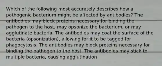 Which of the following most accurately describes how a pathogenic bacterium might be affected by antibodies? The antibodies may block proteins necessary for binding the pathogen to the host, may opsonize the bacterium, or may agglutinate bacteria. The antibodies may coat the surface of the bacteria (opsonization), allowing for it to be tagged for phagocytosis. The antibodies may block proteins necessary for binding the pathogen to the host. The antibodies may stick to multiple bacteria, causing agglutination