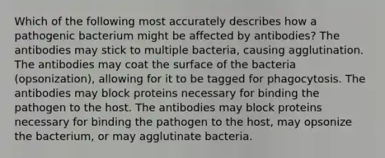 Which of the following most accurately describes how a pathogenic bacterium might be affected by antibodies? The antibodies may stick to multiple bacteria, causing agglutination. The antibodies may coat the surface of the bacteria (opsonization), allowing for it to be tagged for phagocytosis. The antibodies may block proteins necessary for binding the pathogen to the host. The antibodies may block proteins necessary for binding the pathogen to the host, may opsonize the bacterium, or may agglutinate bacteria.