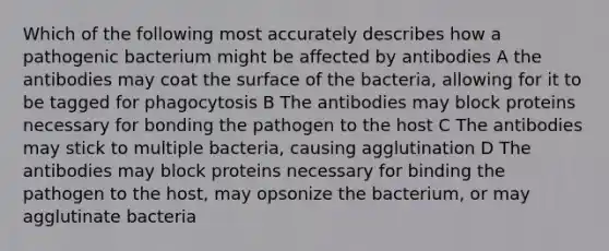 Which of the following most accurately describes how a pathogenic bacterium might be affected by antibodies A the antibodies may coat the surface of the bacteria, allowing for it to be tagged for phagocytosis B The antibodies may block proteins necessary for bonding the pathogen to the host C The antibodies may stick to multiple bacteria, causing agglutination D The antibodies may block proteins necessary for binding the pathogen to the host, may opsonize the bacterium, or may agglutinate bacteria