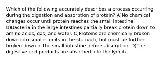 Which of the following accurately describes a process occurring during the digestion and absorption of protein? A)No chemical changes occur until protein reaches the small intestine. B)Bacteria in the large intestines partially break protein down to amino acids, gas, and water. C)Proteins are chemically broken down into smaller units in the stomach, but must be further broken down in the small intestine before absorption. D)The digestive end products are absorbed into the lymph.