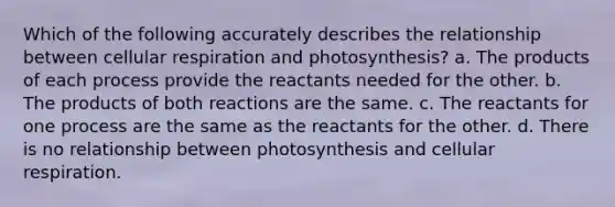 Which of the following accurately describes the relationship between <a href='https://www.questionai.com/knowledge/k1IqNYBAJw-cellular-respiration' class='anchor-knowledge'>cellular respiration</a> and photosynthesis? a. The products of each process provide the reactants needed for the other. b. The products of both reactions are the same. c. The reactants for one process are the same as the reactants for the other. d. There is no relationship between photosynthesis and cellular respiration.