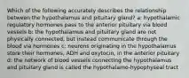 Which of the following accurately describes the relationship between the hypothalamus and pituitary gland? a: hypothalamic regulatory hormones pass to the anterior pituitary via blood vessels b: the hypothalamus and pituitary gland are not physically connected, but instead communicate through the blood via hormones c: neurons originating in the hypothalamus store their hormones, ADH and oxytocin, in the anterior pituitary d: the network of blood vessels connecting the hypothalamus and pituitary gland is called the hypothalamo-hypophyseal tract