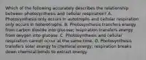 Which of the following accurately describes the relationship between photosynthesis and cellular respiration? A. Photosynthesis only occurs in autotrophs and cellular respiration only occurs in heterotrophs. B. Photosynthesis transfers energy from carbon dioxide into glucose; respiration transfers energy from oxygen into glucose. C. Photosynthesis and cellular respiration cannot occur at the same time. D. Photosynthesis transfers solar energy to chemical energy; respiration breaks down chemical bonds to extract energy.