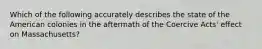 Which of the following accurately describes the state of the American colonies in the aftermath of the Coercive Acts' effect on Massachusetts?