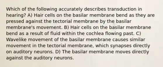 Which of the following accurately describes transduction in hearing? A) Hair cells on the basilar membrane bend as they are pressed against the tectorial membrane by the basilar membrane's movement. B) Hair cells on the basilar membrane bend as a result of fluid within the cochlea flowing past. C) Wavelike movement of the basilar membrane causes similar movement in the tectorial membrane, which synapses directly on auditory neurons. D) The basilar membrane moves directly against the auditory neurons.