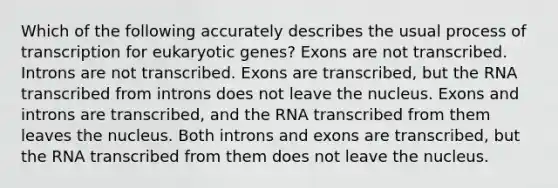 Which of the following accurately describes the usual process of transcription for eukaryotic genes? Exons are not transcribed. Introns are not transcribed. Exons are transcribed, but the RNA transcribed from introns does not leave the nucleus. Exons and introns are transcribed, and the RNA transcribed from them leaves the nucleus. Both introns and exons are transcribed, but the RNA transcribed from them does not leave the nucleus.