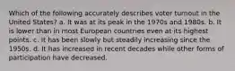 Which of the following accurately describes voter turnout in the United States? a. It was at its peak in the 1970s and 1980s. b. It is lower than in most European countries even at its highest points. c. It has been slowly but steadily increasing since the 1950s. d. It has increased in recent decades while other forms of participation have decreased.