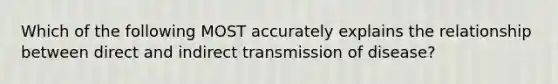 Which of the following MOST accurately explains the relationship between direct and indirect transmission of disease?