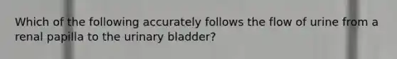 Which of the following accurately follows the flow of urine from a renal papilla to the <a href='https://www.questionai.com/knowledge/kb9SdfFdD9-urinary-bladder' class='anchor-knowledge'>urinary bladder</a>?