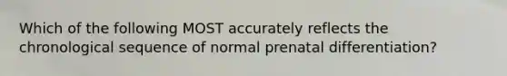 Which of the following MOST accurately reflects the chronological sequence of normal prenatal differentiation?