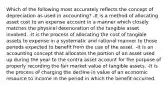 Which of the following most accurately reflects the concept of depreciation as used in accounting? -It is a method of allocating asset cost to an expense account in a manner which closely matches the physical deterioration of the tangible asset involved. -It is the process of allocating the cost of tangible assets to expense in a systematic and rational manner to those periods expected to benefit from the use of the asset. -It is an accounting concept that allocates the portion of an asset used up during the year to the contra asset account for the purpose of properly recording the fair market value of tangible assets. -It is the process of charging the decline in value of an economic resource to income in the period in which the benefit occurred.