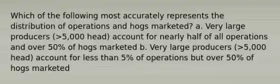 Which of the following most accurately represents the distribution of operations and hogs marketed? a. Very large producers (>5,000 head) account for nearly half of all operations and over 50% of hogs marketed b. Very large producers (>5,000 head) account for less than 5% of operations but over 50% of hogs marketed