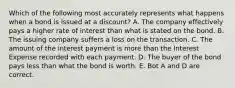 Which of the following most accurately represents what happens when a bond is issued at a discount? A. The company effectively pays a higher rate of interest than what is stated on the bond. B. The issuing company suffers a loss on the transaction. C. The amount of the interest payment is more than the Interest Expense recorded with each payment. D. The buyer of the bond pays less than what the bond is worth. E. Bot A and D are correct.