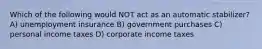 Which of the following would NOT act as an automatic stabilizer? A) unemployment insurance B) government purchases C) personal income taxes D) corporate income taxes