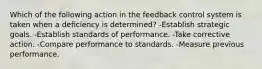 Which of the following action in the feedback control system is taken when a deficiency is determined? -Establish strategic goals. -Establish standards of performance. -Take corrective action. -Compare performance to standards. -Measure previous performance.