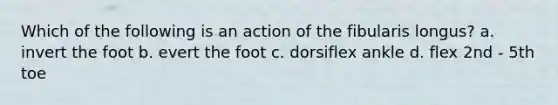 Which of the following is an action of the fibularis longus? a. invert the foot b. evert the foot c. dorsiflex ankle d. flex 2nd - 5th toe