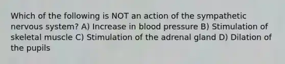 Which of the following is NOT an action of the sympathetic nervous system? A) Increase in blood pressure B) Stimulation of skeletal muscle C) Stimulation of the adrenal gland D) Dilation of the pupils