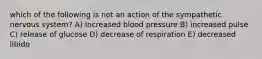 which of the following is not an action of the sympathetic nervous system? A) Increased blood pressure B) increased pulse C) release of glucose D) decrease of respiration E) decreased libido