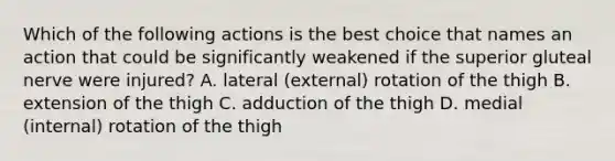 Which of the following actions is the best choice that names an action that could be significantly weakened if the superior gluteal nerve were injured? A. lateral (external) rotation of the thigh B. extension of the thigh C. adduction of the thigh D. medial (internal) rotation of the thigh