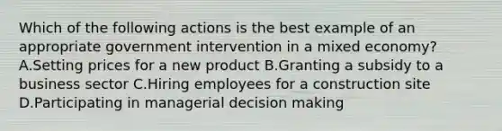 Which of the following actions is the best example of an appropriate government intervention in a mixed economy? A.Setting prices for a new product B.Granting a subsidy to a business sector C.Hiring employees for a construction site D.Participating in managerial decision making