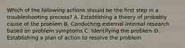 Which of the following actions should be the first step in a troubleshooting process? A. Establishing a theory of probably cause of the problem B. Conducting external internal research based on problem symptoms C. Identifying the problem D. Establishing a plan of action to resolve the problem