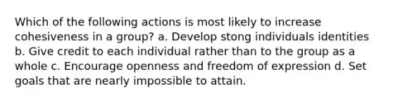 Which of the following actions is most likely to increase cohesiveness in a group? a. Develop stong individuals identities b. Give credit to each individual rather than to the group as a whole c. Encourage openness and freedom of expression d. Set goals that are nearly impossible to attain.