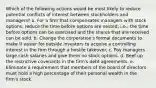 Which of the following actions would be most likely to reduce potential conflicts of interest between stockholders and managers? a. For a firm that compensates managers with stock options, reduce the time before options are vested, i.e., the time before options can be exercised and the shares that are received can be sold. b. Change the corporation's formal documents to make it easier for outside investors to acquire a controlling interest in the firm through a hostile takeover. c. Pay managers large cash salaries and give them no stock options. d. Beef up the restrictive covenants in the firm's debt agreements. e. Eliminate a requirement that members of the board of directors must hold a high percentage of their personal wealth in the firm's stock.