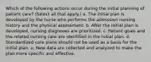 Which of the following actions occur during the initial planning of patient care? (Select all that apply.) a. The initial plan is developed by the nurse who performs the admission nursing history and the physical assessment. b. After the initial plan is developed, nursing diagnoses are prioritized. c. Patient goals and the related nursing care are identified in the initial plan. d. Standardized care plans should not be used as a basis for the initial plan. e. New data are collected and analyzed to make the plan more specific and effective.