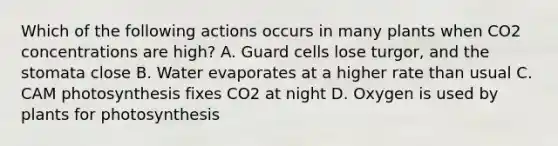 Which of the following actions occurs in many plants when CO2 concentrations are high? A. Guard cells lose turgor, and the stomata close B. Water evaporates at a higher rate than usual C. CAM photosynthesis fixes CO2 at night D. Oxygen is used by plants for photosynthesis