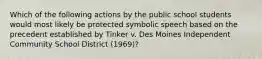 Which of the following actions by the public school students would most likely be protected symbolic speech based on the precedent established by Tinker v. Des Moines Independent Community School District (1969)?