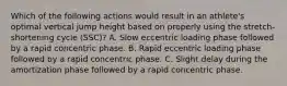 Which of the following actions would result in an athlete's optimal vertical jump height based on properly using the stretch-shortening cycle (SSC)? A. Slow eccentric loading phase followed by a rapid concentric phase. B. Rapid eccentric loading phase followed by a rapid concentric phase. C. Slight delay during the amortization phase followed by a rapid concentric phase.