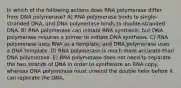 In which of the following actions does RNA polymerase differ from DNA polymerase? A) RNA polymerase binds to single-stranded DNA, and DNA polymerase binds to double-stranded DNA. B) RNA polymerase can initiate RNA synthesis, but DNA polymerase requires a primer to initiate DNA synthesis. C) RNA polymerase uses RNA as a template, and DNA polymerase uses a DNA template. D) RNA polymerase is much more accurate than DNA polymerase. E) RNA polymerase does not need to separate the two strands of DNA in order to synthesize an RNA copy, whereas DNA polymerase must unwind the double helix before it can replicate the DNA.