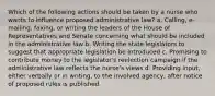 Which of the following actions should be taken by a nurse who wants to influence proposed administrative law? a. Calling, e-mailing, faxing, or writing the leaders of the House of Representatives and Senate concerning what should be included in the administrative law b. Writing the state legislators to suggest that appropriate legislation be introduced c. Promising to contribute money to the legislator's reelection campaign if the administrative law reflects the nurse's views d. Providing input, either verbally or in writing, to the involved agency, after notice of proposed rules is published