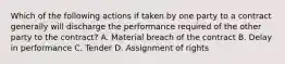 Which of the following actions if taken by one party to a contract generally will discharge the performance required of the other party to the contract? A. Material breach of the contract B. Delay in performance C. Tender D. Assignment of rights