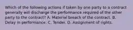 Which of the following actions if taken by one party to a contract generally will discharge the performance required of the other party to the contract? A. Material breach of the contract. B. Delay in performance. C. Tender. D. Assignment of rights.