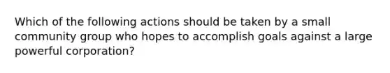 Which of the following actions should be taken by a small community group who hopes to accomplish goals against a large powerful corporation?