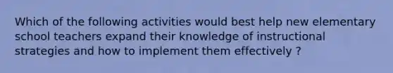 Which of the following activities would best help new elementary school teachers expand their knowledge of instructional strategies and how to implement them effectively ?