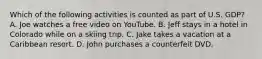 Which of the following activities is counted as part of U.S. GDP? A. Joe watches a free video on YouTube. B. Jeff stays in a hotel in Colorado while on a skiing trip. C. Jake takes a vacation at a Caribbean resort. D. John purchases a counterfeit DVD.