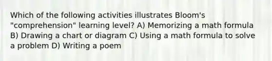 Which of the following activities illustrates Bloom's "comprehension" learning level? A) Memorizing a math formula B) Drawing a chart or diagram C) Using a math formula to solve a problem D) Writing a poem