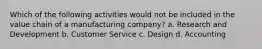 Which of the following activities would not be included in the value chain of a manufacturing company? a. Research and Development b. Customer Service c. Design d. Accounting
