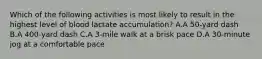 Which of the following activities is most likely to result in the highest level of blood lactate accumulation? A.A 50-yard dash B.A 400-yard dash C.A 3-mile walk at a brisk pace D.A 30-minute jog at a comfortable pace