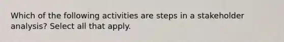 Which of the following activities are steps in a stakeholder analysis? Select all that apply.