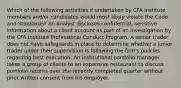 Which of the following activities if undertaken by CFA Institute members and/or candidates would most likely violate the Code and Standards? An analyst discloses confidential, sensitive information about a client account as part of an investigation by the CFA Institute Professional Conduct Program. A senior trader does not have safeguards in place to determine whether a junior trader under their supervision is following the firm's policies regarding best execution. An institutional portfolio manager takes a group of clients to an expensive restaurant to discuss portfolio returns over the recently completed quarter without prior written consent from his employer.