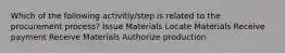 Which of the following activitiy/step is related to the procurement process? Issue Materials Locate Materials Receive payment Receive Materials Authorize production