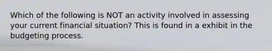 Which of the following is NOT an activity involved in assessing your current financial situation? This is found in a exhibit in the budgeting process.