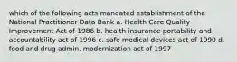 which of the following acts mandated establishment of the National Practitioner Data Bank a. Health Care Quality Improvement Act of 1986 b. health insurance portability and accountability act of 1996 c. safe medical devices act of 1990 d. food and drug admin. modernization act of 1997