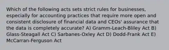 Which of the following acts sets strict rules for businesses, especially for accounting practices that require more open and consistent disclosure of financial data and CEOs' assurance that the data is completely accurate? A) Gramm-Leach-Bliley Act B) Glass-Steagall Act C) Sarbanes-Oxley Act D) Dodd-Frank Act E) McCarran-Ferguson Act