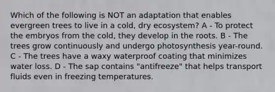 Which of the following is NOT an adaptation that enables evergreen trees to live in a cold, dry ecosystem? A - To protect the embryos from the cold, they develop in the roots. B - The trees grow continuously and undergo photosynthesis year-round. C - The trees have a waxy waterproof coating that minimizes water loss. D - The sap contains "antifreeze" that helps transport fluids even in freezing temperatures.