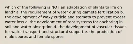 which of the following is NOT an adaptation of plants to life on land? a. the requirement of water during gamete fertilization b. the development of waxy cuticle and stomata to prevent excess water loss c. the development of root systems for anchoring in soil and water absorption d. the development of vascular tissues for water transport and structural support e. the production of male spores and female spores